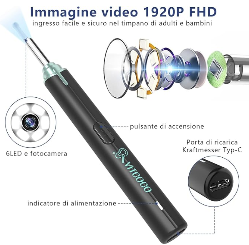 Strumento per Rimuovere il Cerume con Telecamera HD e Luci LED